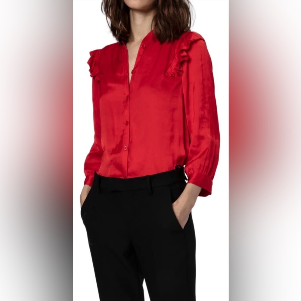 Zadig & Voltaire Tygg Ruffle Satin Button-Up blouse. Size small EUC